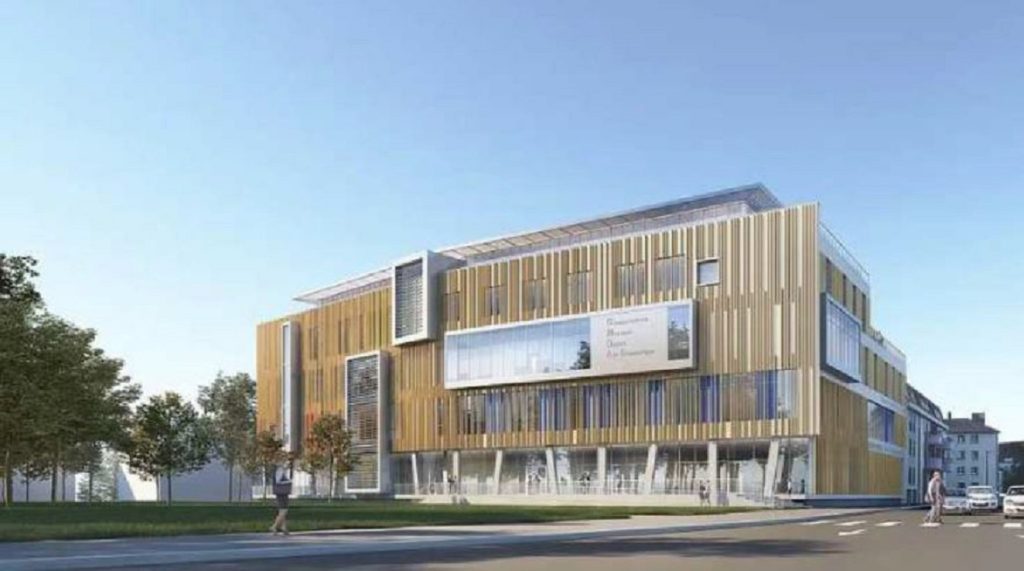 La façade principale du futur conservatoire du Pays de Montbéliard, conçu par le cabinet Jacques Ripault Architecture, basé à Paris.