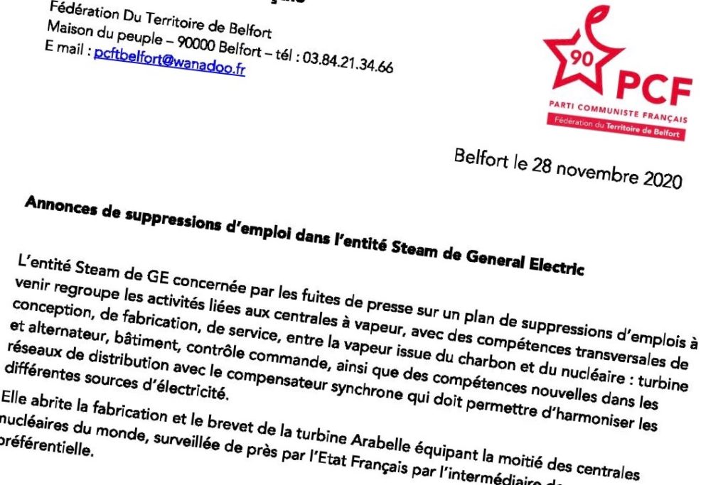 Le parti communiste français du Territoire de Belfort réagit aux annonces de nouveaux plans chez GE