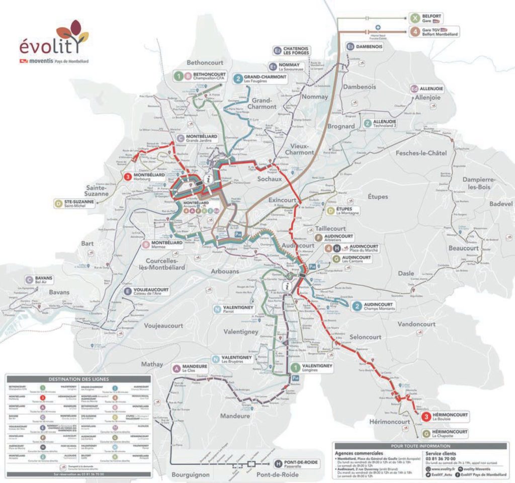 Carte du réseau de bus d'évolitY de Pays de Montbéliard Agglomération.