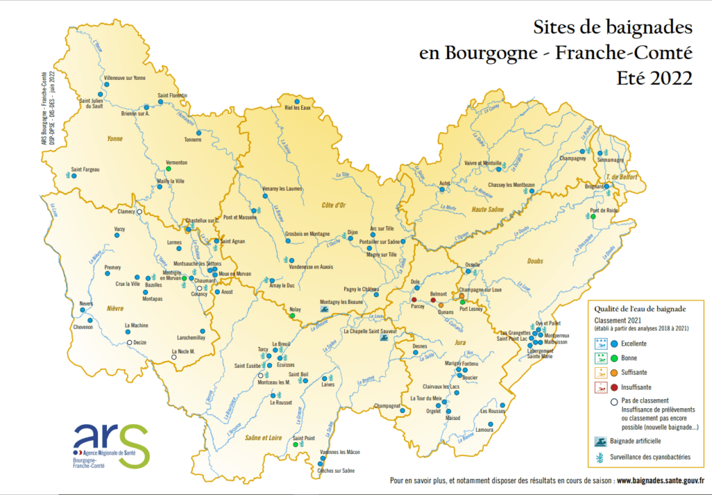 Sites de baignade en Bourgogne Franche-Comté - été 2022