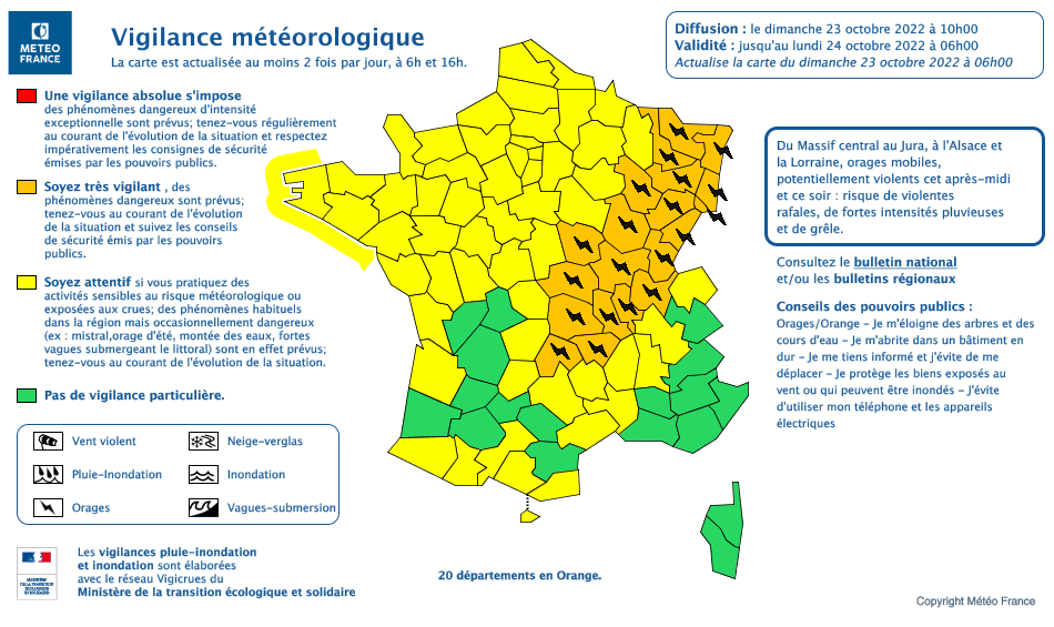 La carte de vigilance de Météo France de ce dimanche 23 | © Document Météo France octobre 2022.