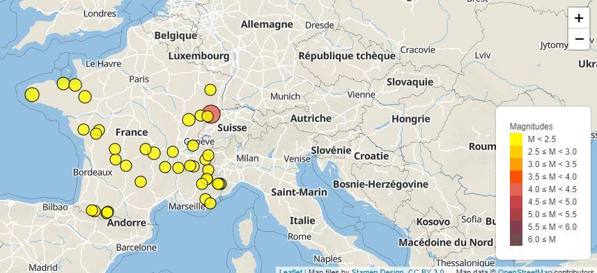 La carte des séismes enregistrés en France, sur le site du Réseau national de surveillance sismique (Renass).
