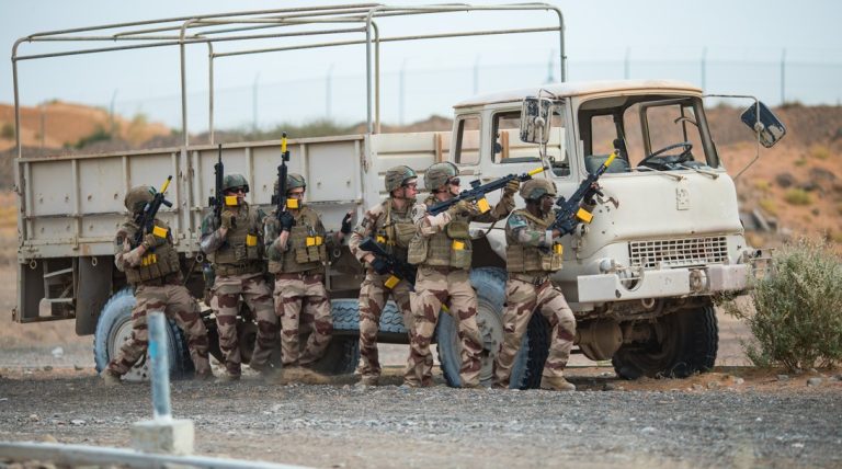 Progression et coordination d'un groupe de fantassins, lors d'un exercice du 35e régiment d'infanterie de Belfort, aux Émirats arabes unis, en avril 2025. | ©35e RI