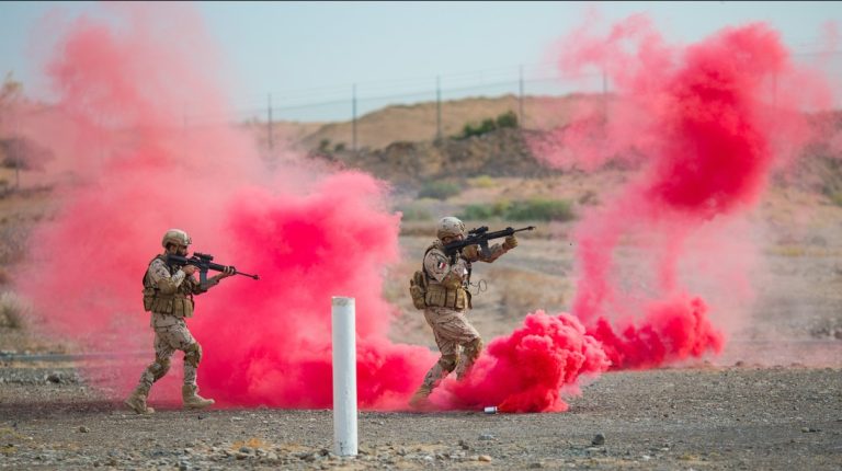 Progression tactiques des soldats émiriens, lors d'un exercice du 35e régiment d'infanterie de Belfort, aux Émirats arabes unis, en avril 2025. | ©35e RI