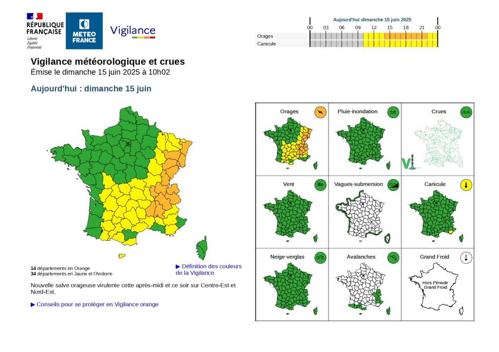 Météo France a placé quatorze départements en vigilance orange ce dimanche, dont les quatre départements de Franche-Comté (doc Météo France)
