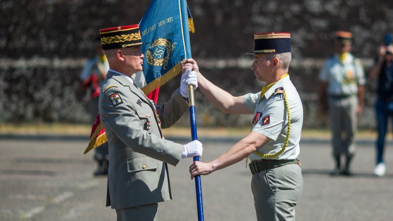 Le colonel Franck Duchemin, lors de la passation de commandement du 35e régiment d'infanterie, à Belfort, le 4 juillet 2025.