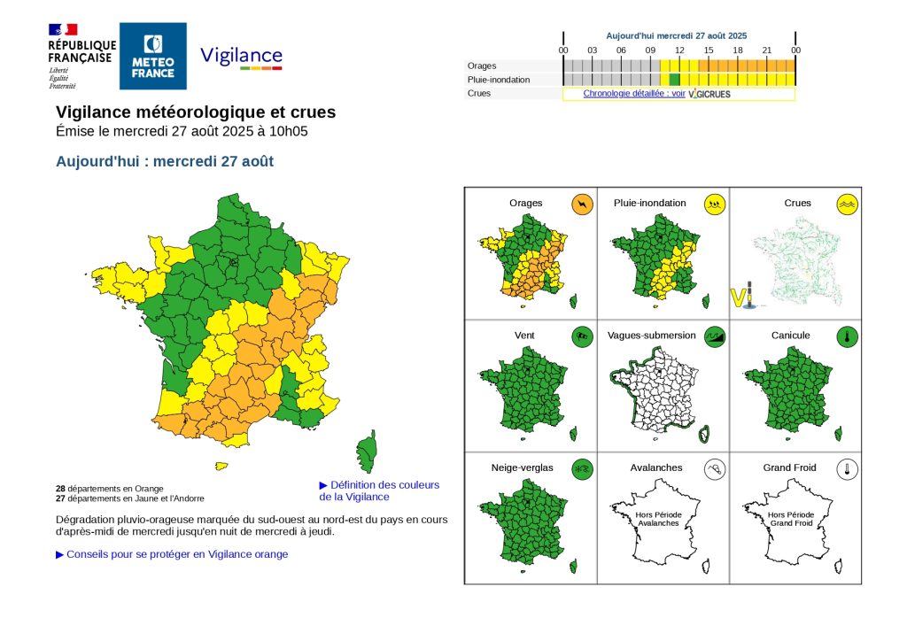 Vigilance orages 27 août Doubs Haute-Saône Belfort La carte de vigilance de Météo France place ce mercredi 27 août les quatre départements francs-comtois en vigilance orange pour risque d'orages (doc Météo France)