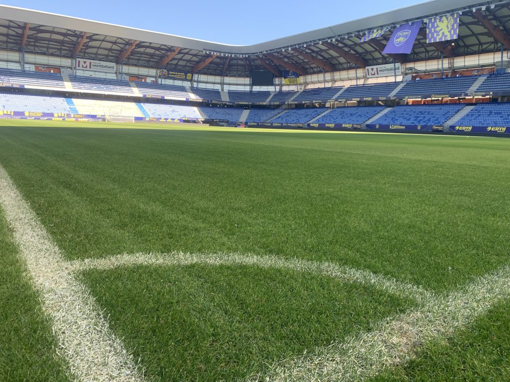 Pelouse du stade Bonal, terrain du FC Sochaux-Montbéliard.