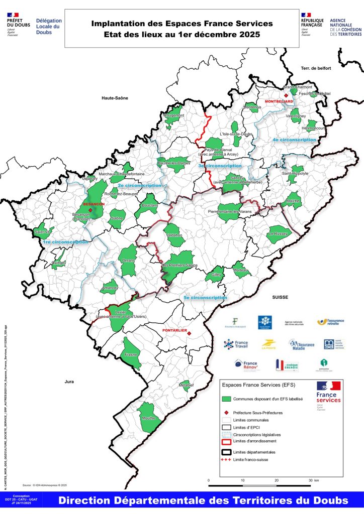 La carte des espaces France Service dans le Doubs.