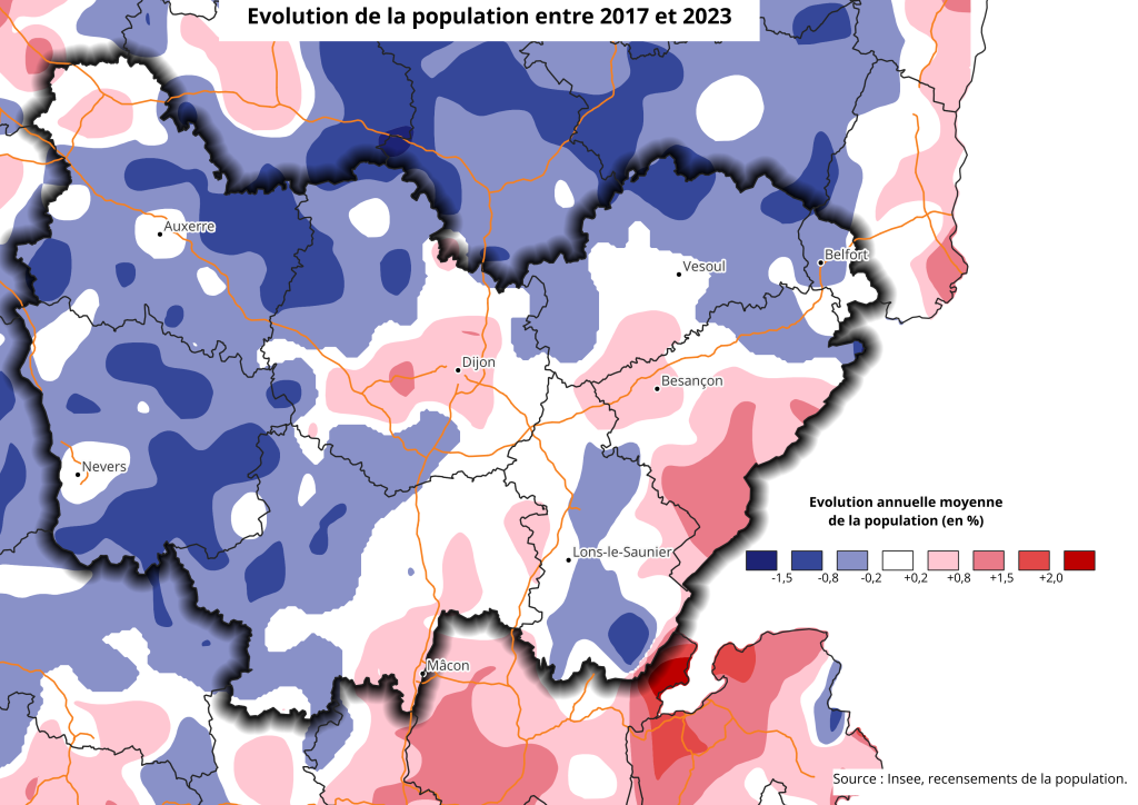 Évolution de la population entre 2017 et 2023 en Bourgogne-Franche-Comté.