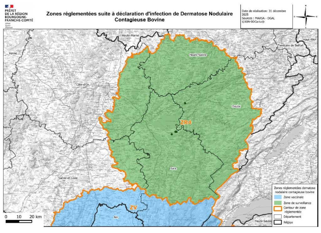 La délimitation de la zone de surveillance. | doc préfecture du Doubs