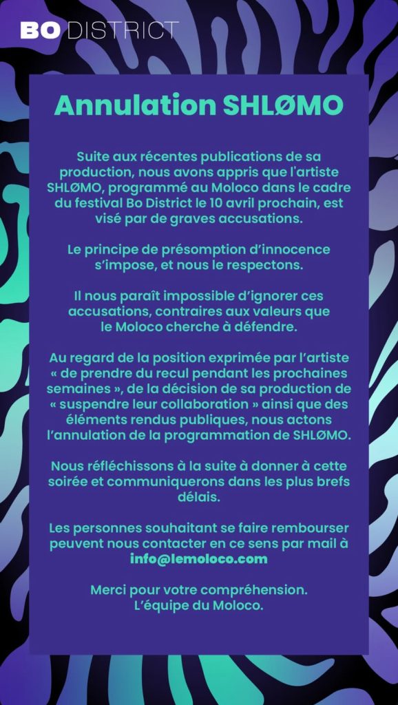 Le communiqué Instagram du Moloco sur la déprogrammation du DJ techno français.