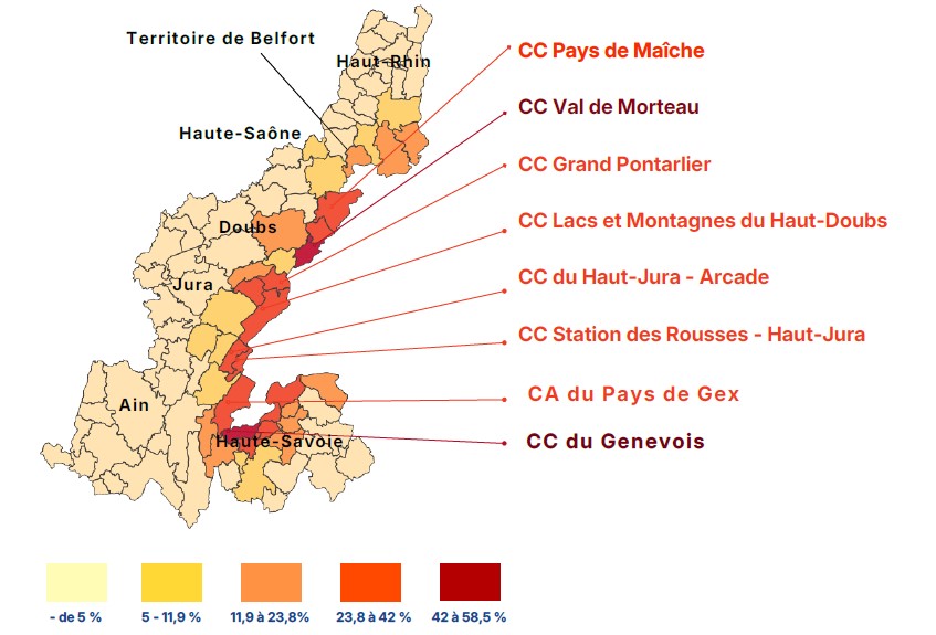 La localisation des frontaliers domiciliés en France, par communauté de commune.