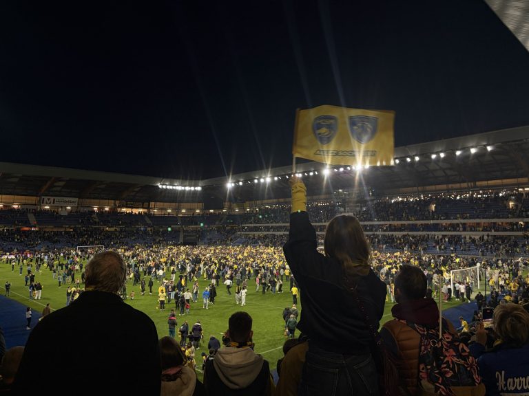Des supporters regardent l'envahissement depuis les tribunes.