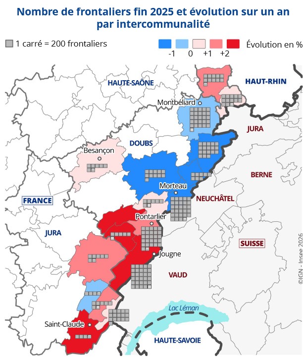 La carte de répartition des frontaliers en Bourgogne-Franche-Comté. | document Insee Bourgogne-Franche-Comté