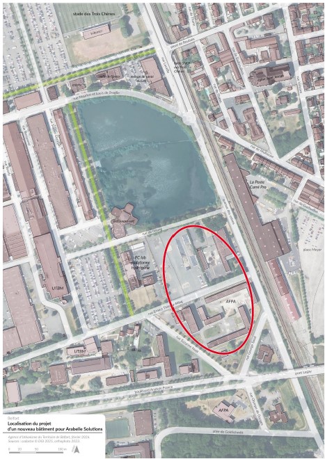Sur ce document extrait du dossier du plan local d'urbanisme présenté au conseil municipal de Belfort, l'ovale rouge indique le site d'implantation du futur bâtiment d'Arabelles, au sud de l'étang Bull.