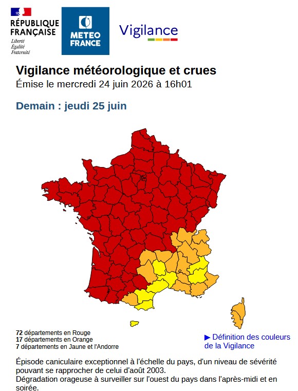 72 départements français seront en vigilance rouge ce jeudi 25 juin 2026