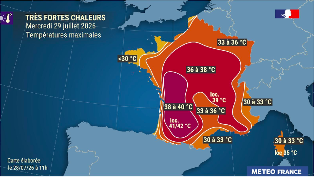 Carte de Météo France sur la nouvelle vague de canicule qui arrive sur la France le 29 juillet 2026.