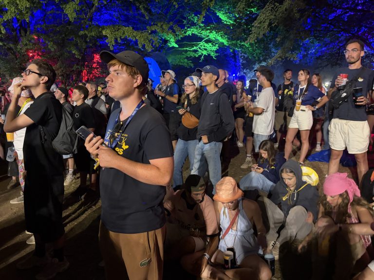 Les festivaliers regardant les écrans géants.
