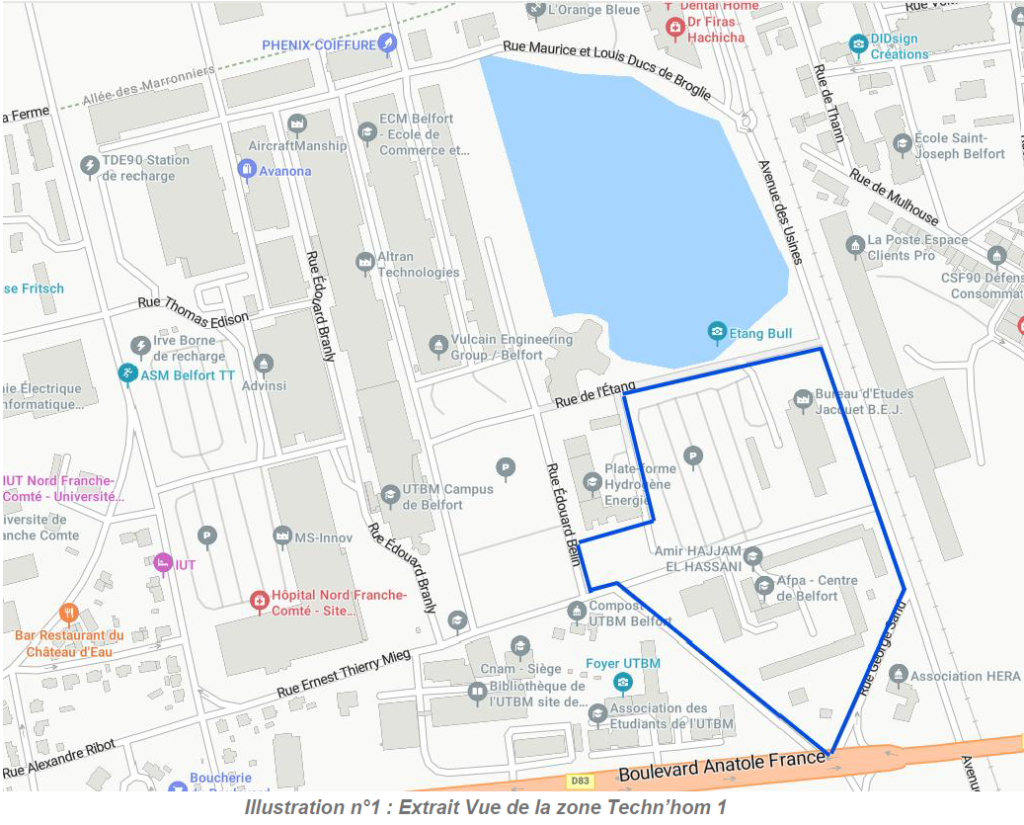 Le trait bleu sur cette carte, extraite du dossier technique de l'enquête publique, dessine le contour du terrain sur lequel se trouvera le nouveau bâtiment d'Arabelle Solutions à Belfort.