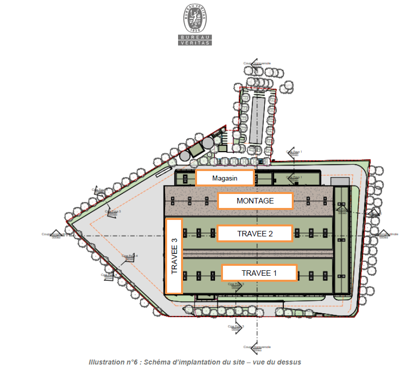 Ce schéma, extrait du dossier technique de l'enquête publique, décrit l'organisation du futur bâtiment, avec trois travées d'usinage, la zone de montage, le magasin.