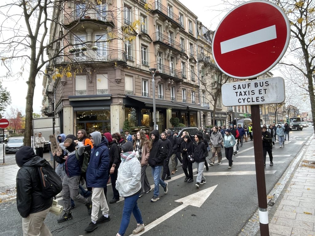 Le cortège de manifestants, entre la place Corbis et la préfecture de Belfort.