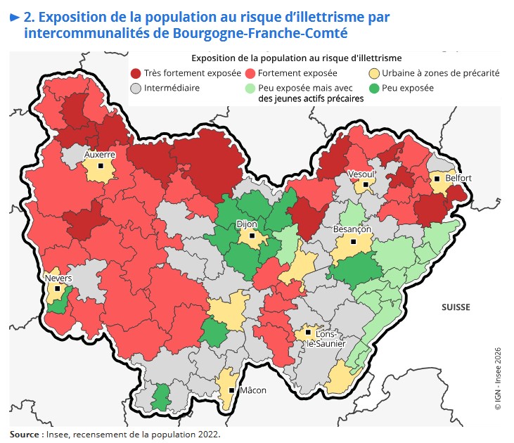 La carte de l'Insee des secteurs où la population est le plus exposée à l'illettrisme en Bourgogne-Franche-Comté.