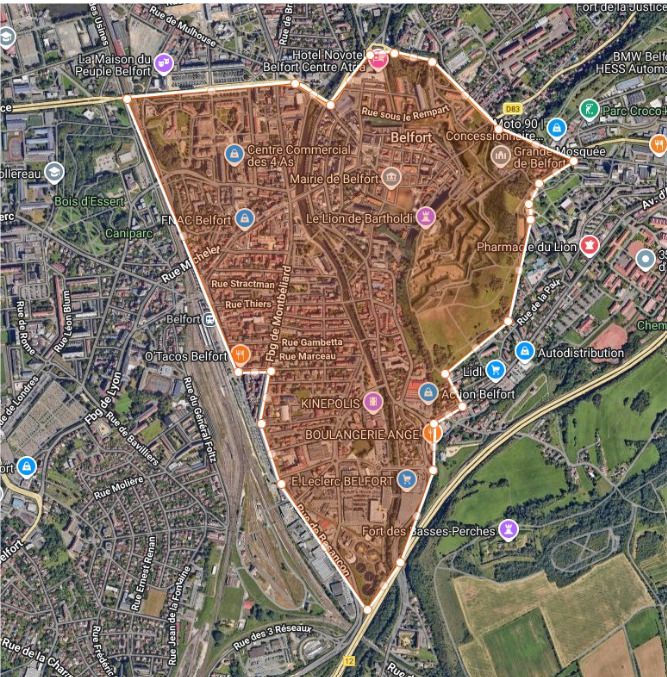 Le périmètre où les rassemblements seront interdit dans la nuit du samedi 31 octobre au 1er novembre 2026, à Belfort.