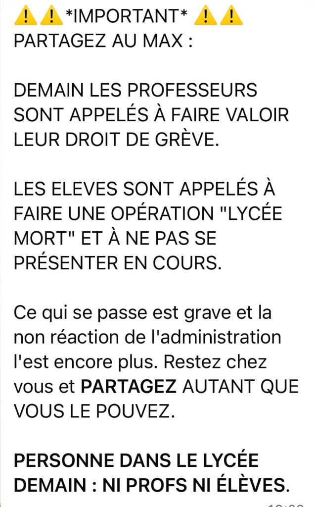 Le message reçu par des parents du lycée Courbet ce jeudi soir.